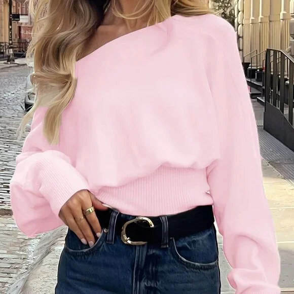 Pink Casual Women's Asymmetric Shoulder Sweater - Picture 3 of 8